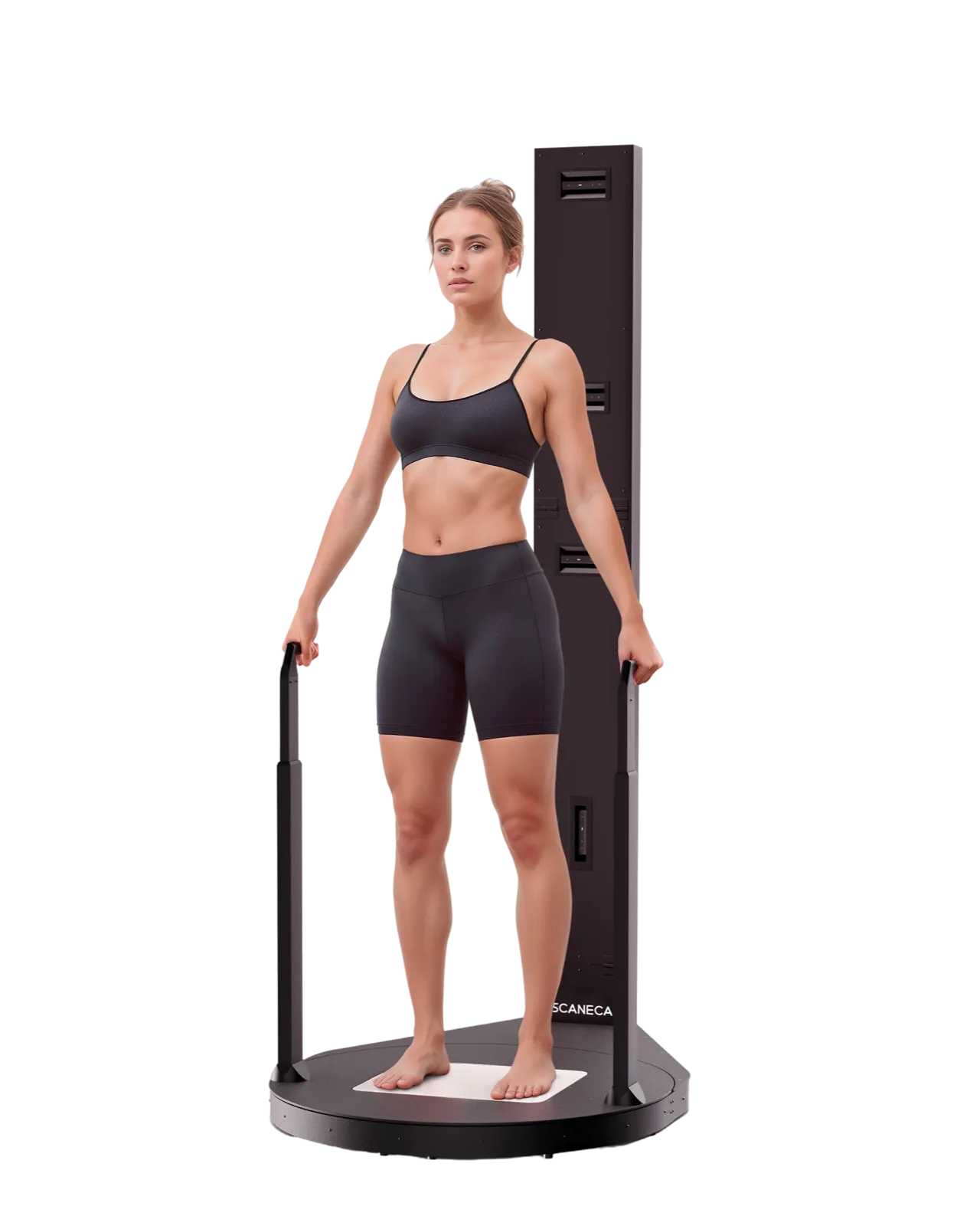 Frau steht auf der Drehplattform des SCANECA-3D-Körperscanners